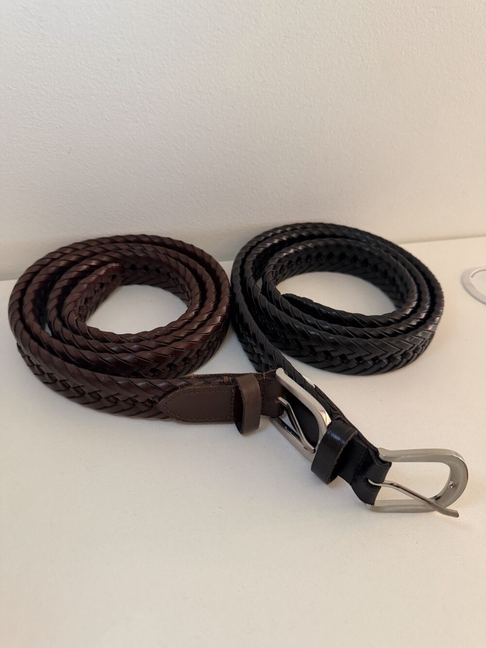 2 Vintage Braided Genuine Leather Belt Black & Brown Silver Buckle Gaucho 44 110